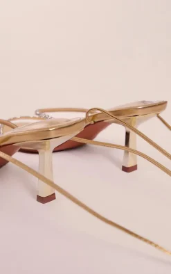 Gold PU Square Toe Double Diamante Strap Lace Up Heeled Sandals