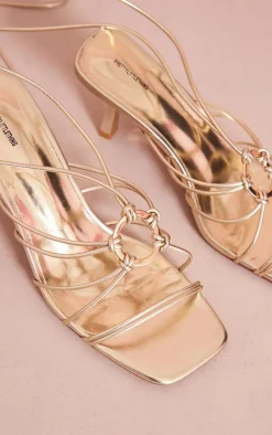 Gold PU Square Toe Ring Detail Lace Up Low Heeled Sandals