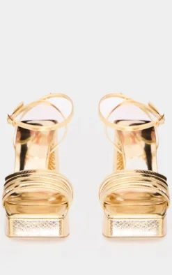 Gold PU Square Toe Strappy Block Platform Heels