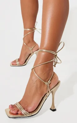 Gold Pu Square Toe Triple Strap Lace Up Mid Heeled Sandals