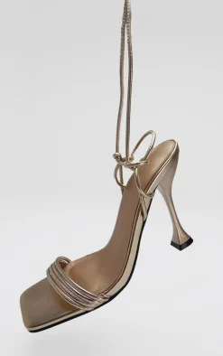 Gold Pu Square Toe Triple Strap Lace Up Mid Heeled Sandals