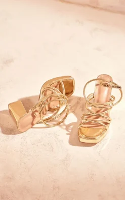 Gold PU Square Toe Tube Strap Platform Block Heeled Sandals