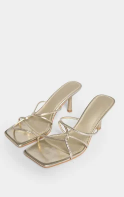Gold PU Wide Fit Cross Over Strap Heeled Mules
