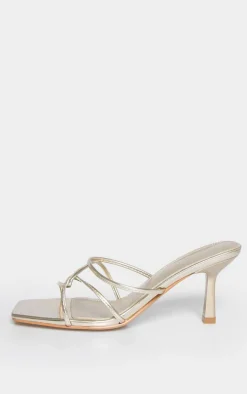 Gold PU Wide Fit Cross Over Strap Heeled Mules