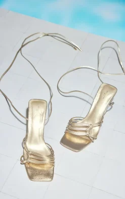 Gold Pu Wide Fit Square Toe Side Knot Detail Mid Flared Heeled Sandals