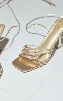 Gold Pu Wide Fit Square Toe Side Knot Detail Mid Flared Heeled Sandals