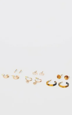 Gold Resin & Jewel Detail Multipack Earrings
