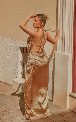 Gold Satin Cowl Neck Maxi Dress