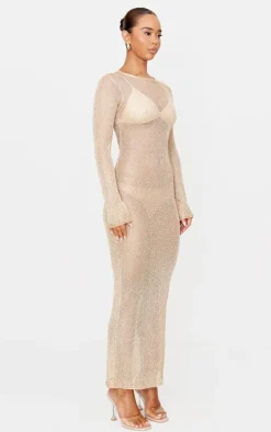 Gold Sequin Knit Long Sleeve Maxi Dress