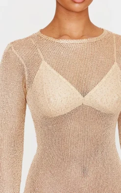 Gold Sequin Knit Long Sleeve Maxi Dress