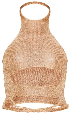 Gold Sequin Knit High Neck Cut Out Top