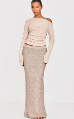 Gold Sequin Knit Low Rise Maxi Skirt