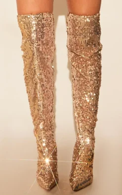 Gold Sequin Point Toe Over The Knee Heeled Boots