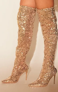 Gold Sequin Point Toe Over The Knee Heeled Boots
