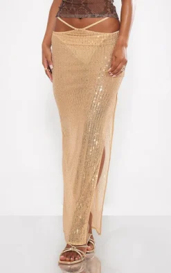 Gold Sheer Sequin Tie Waist Maxi Skirt