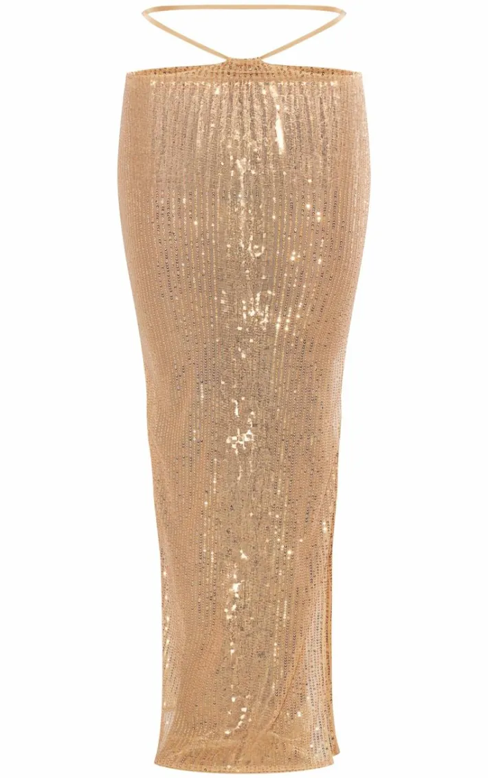 Gold Sheer Sequin Tie Waist Maxi Skirt