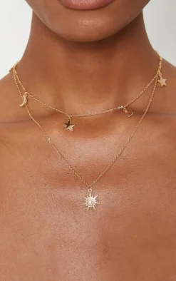 Gold Star Moon Pendant Layered Necklace