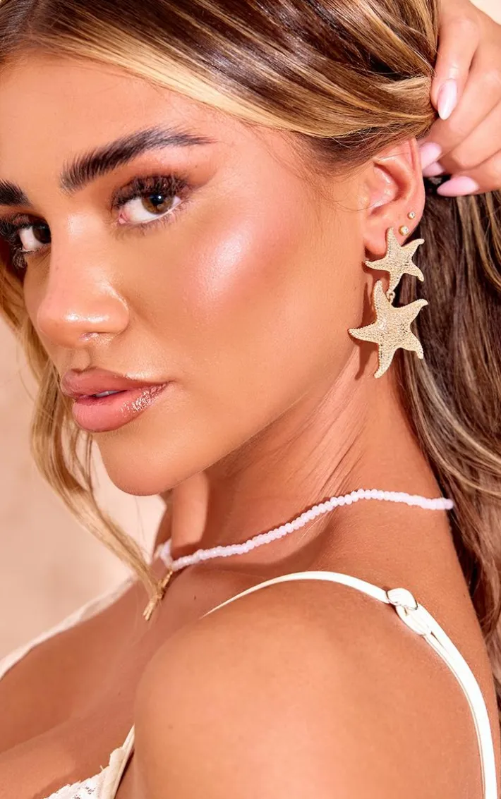 Gold Starfish Detail Drop Stud Earrings