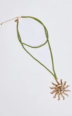 Gold Sun Detail Khaki Rope Necklace