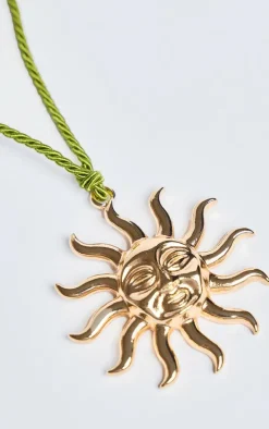 Gold Sun Detail Khaki Rope Necklace