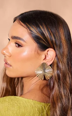 Gold Textured Large Floral Stud Earrings