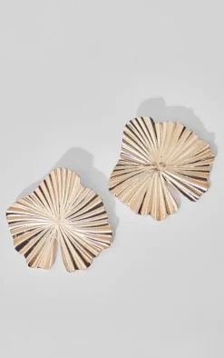 Gold Textured Large Floral Stud Earrings