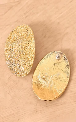 Gold Textured Oval Statement Earrings