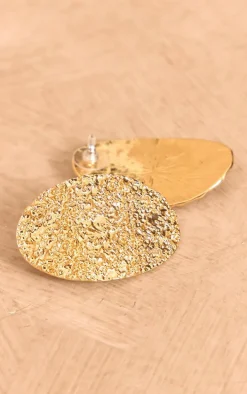 Gold Textured Oval Statement Earrings