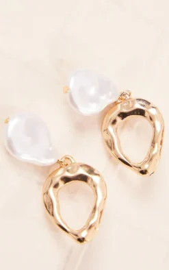 Gold Textured Pearl Drop Statement Earrings