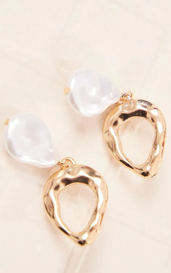 Gold Textured Pearl Drop Statement Earrings