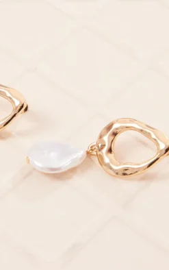 Gold Textured Pearl Drop Statement Earrings