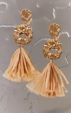 Gold Textured Shell Raffia Drop Statement Earrings