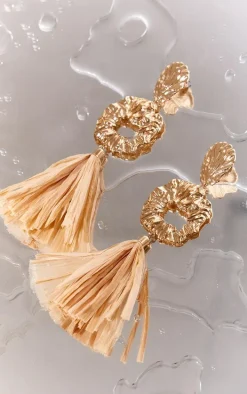 Gold Textured Shell Raffia Drop Statement Earrings