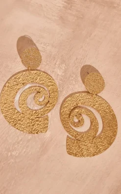 Gold Textured Swirl Disk Statement Earrings