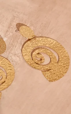 Gold Textured Swirl Disk Statement Earrings