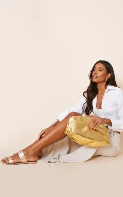 Gold Twin Strap Basic Leather Sandals