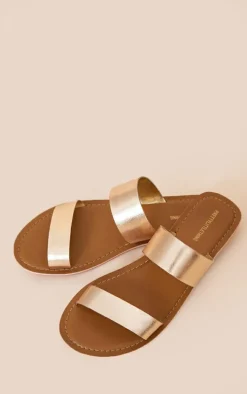 Gold Twin Strap Basic Leather Sandals