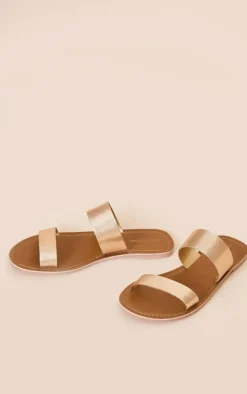 Gold Twin Strap Basic Leather Sandals