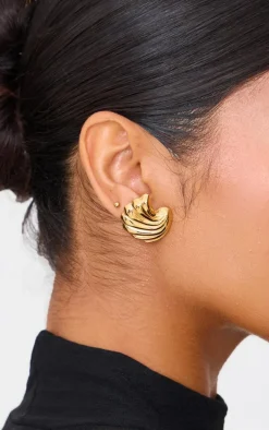 Gold Water Resistant Ridge Flare Stud Earrings
