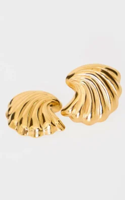 Gold Water Resistant Ridge Flare Stud Earrings