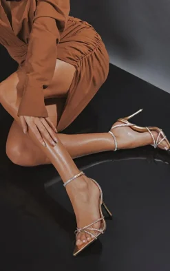 Gold Wide Fit Diamante Knot Detail Point Toe Mid Heeled Sandals