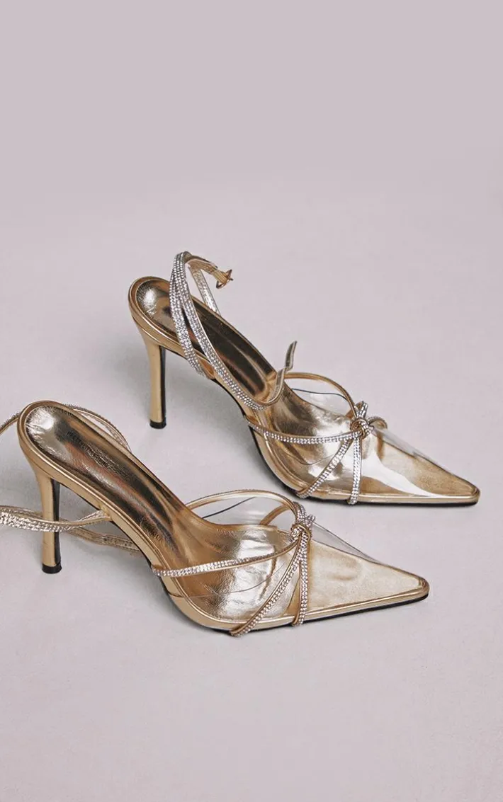 Gold Wide Fit Diamante Knot Detail Point Toe Mid Heeled Sandals