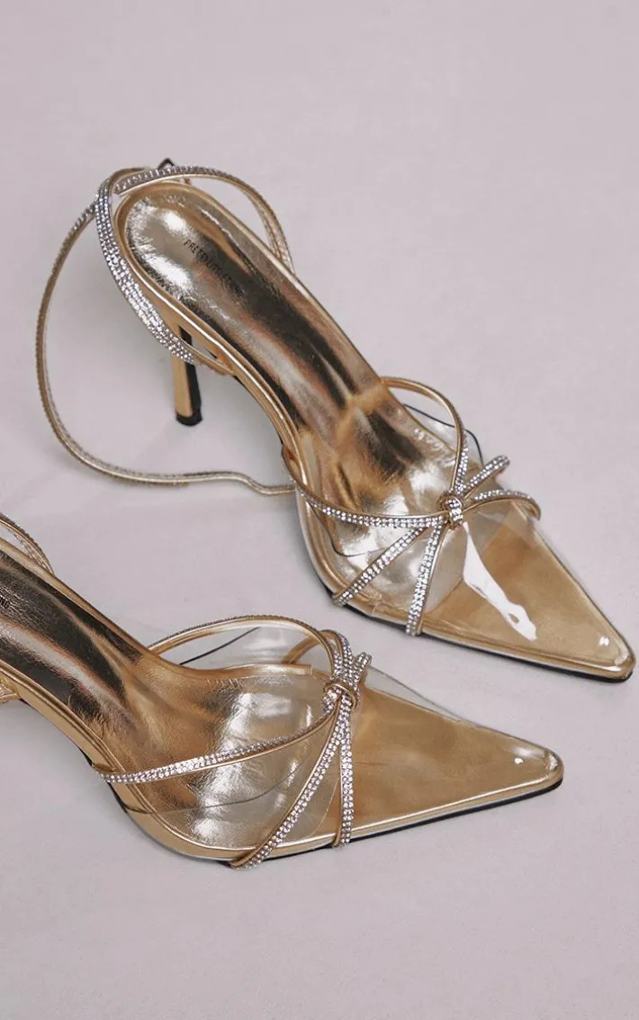 Gold Wide Fit Diamante Knot Detail Point Toe Mid Heeled Sandals