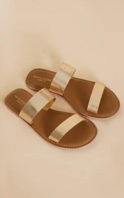 Gold Wide Fit Leather Strappy Basic Sandals