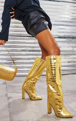Gold Wide Fit Metallic Point Toe Croc Block High Heeled Knee Boots