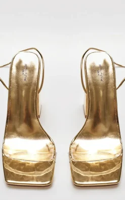 Gold Wide Fit Metallic Pu Clear Strap Block Heel Sandals