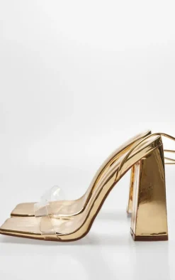 Gold Wide Fit Metallic Pu Clear Strap Block Heel Sandals