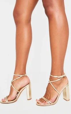 Gold Wide Fit PU Point Toe Strappy Block Heeled Sandals