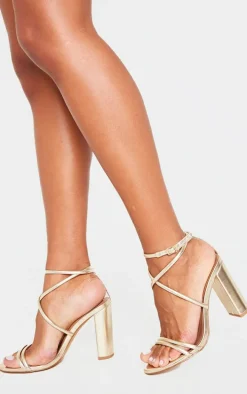 Gold Wide Fit PU Point Toe Strappy Block Heeled Sandals