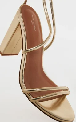 Gold Wide Fit PU Point Toe Strappy Block Heeled Sandals